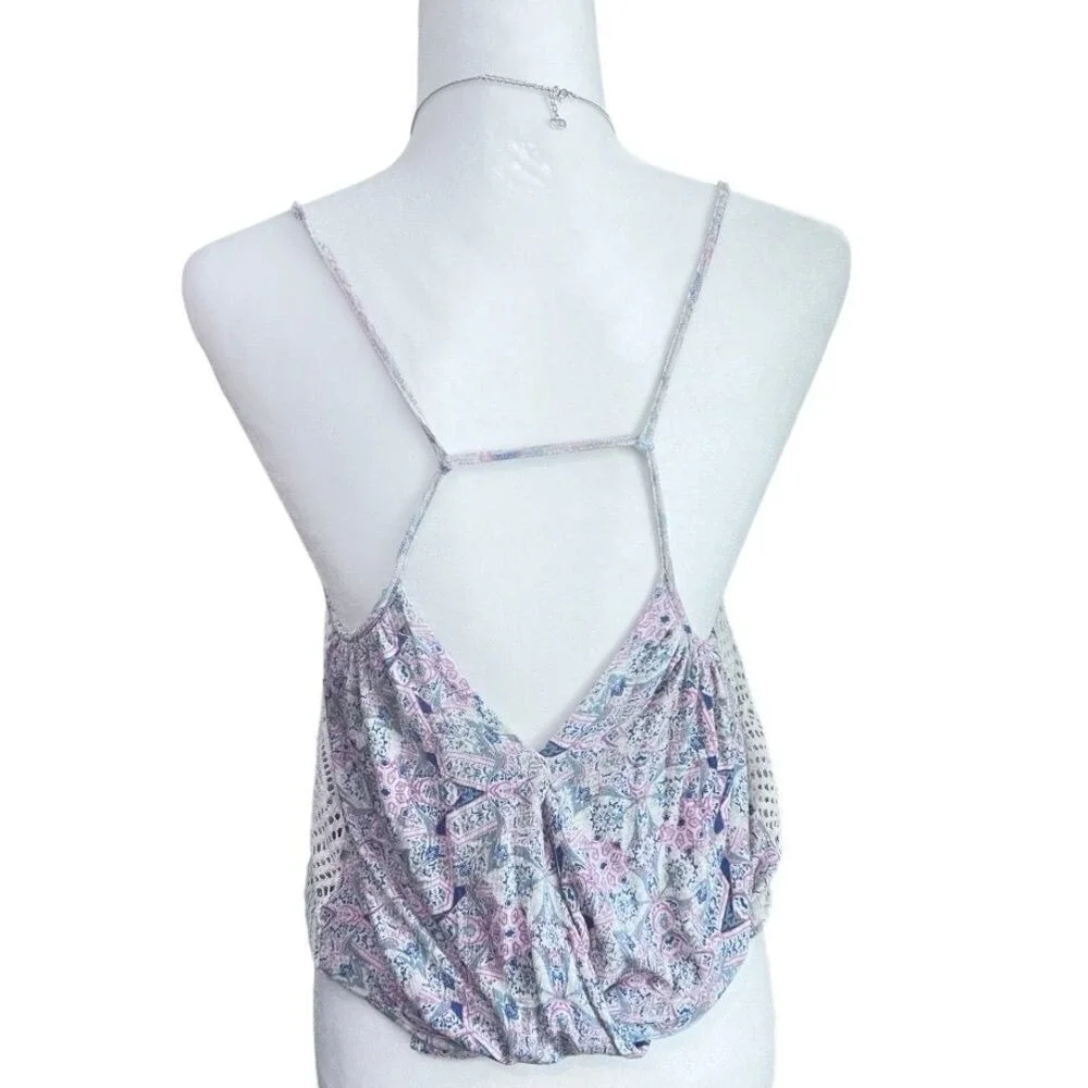 Free People Boho Floral Crochet Lace Tank Top Wrap Front Spaghetti Strap Cami XS